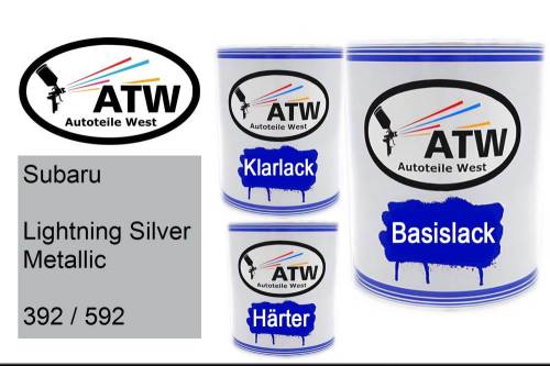 Subaru, Lightning Silver Metallic, 392 / 592: 1L Lackdose + 1L Klarlack + 500ml Härter - Set, von ATW Autoteile West.